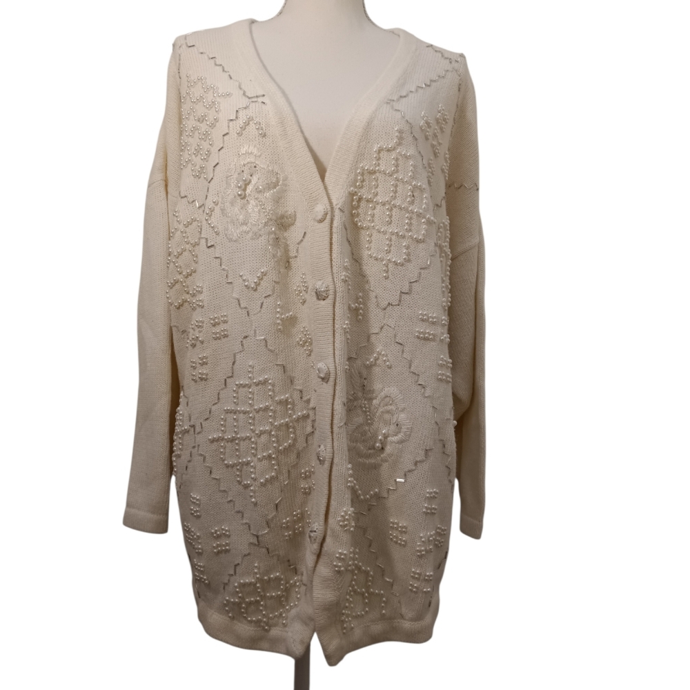 Maggie Lawrence Beaded Embellished Cream White Women's Cardigan 26/28